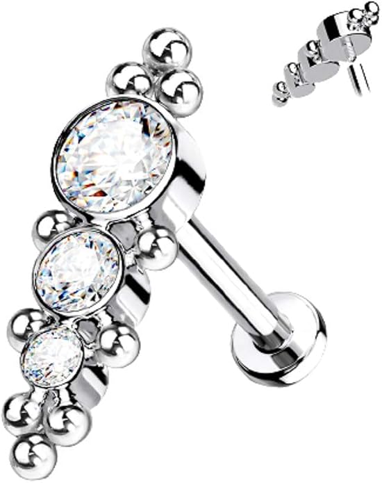 Pierced Owl - 16G G23 Implant Grade Titanium Internally Threaded Descending Triple Round CZ Crystal and Ball Clusters Flat Back Labret Monroe Lip Cartilage Helix Ear Lobe Stud