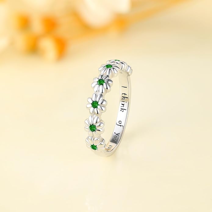 Dainty Daisy Ring for Women, S925 Sterling Silver Cubic Zirconia Sunflower Flower Ring For Daughter, I Think Of You Every Daisy Ring, Birthstone Flower Ring