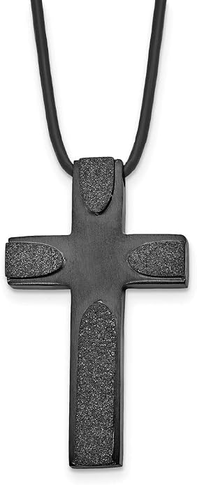 Real Stainless Steel Men's Brushed LaserCut Blk IP Cross Leather Cord Pendant Necklace Charm Chain 20" (Width = 25mm)