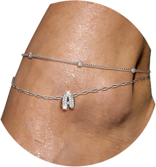 FindChic Silver/14K Gold Plated Layered CZ Initial Ankle Bracelet for Women | Waterproof Stainless Steel, Cubic Zirconia Letter Charm, Non-Tarnish, Hypoallergenic, Adjustable Extender, Summer Jewelry