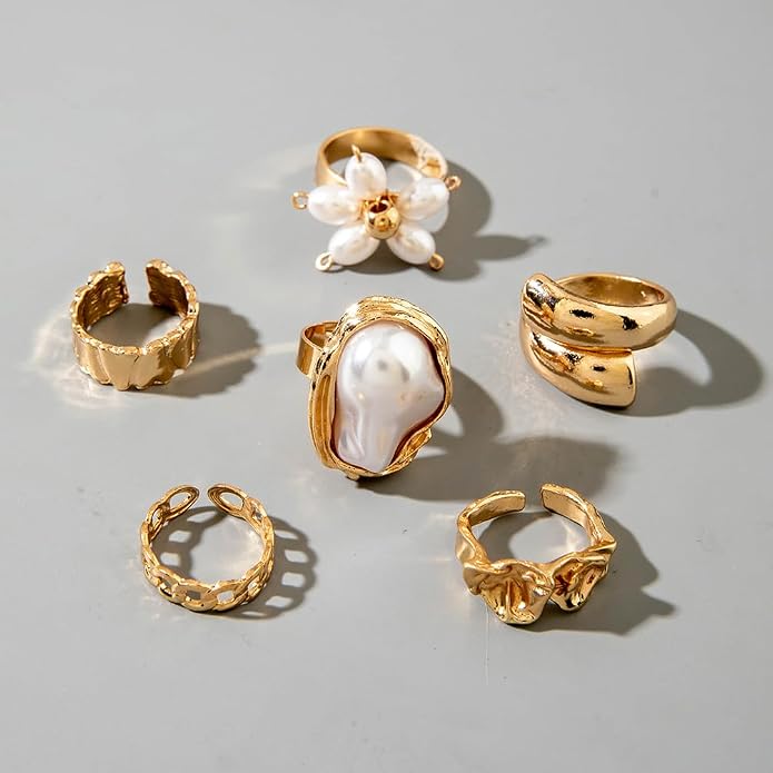 Chunky Gold Irregular Rings Stack Set for Women Statement Baroque Pearl Flower Stackable Knuckle Finger Ring Non Tarnish Boho Hammered Jewelry Gifts