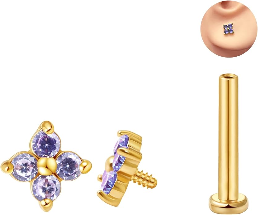 FANSING CZ Flower Internally Threaded Flat Back Earring Labret Stud for Cartilage Tragus Helix Conch