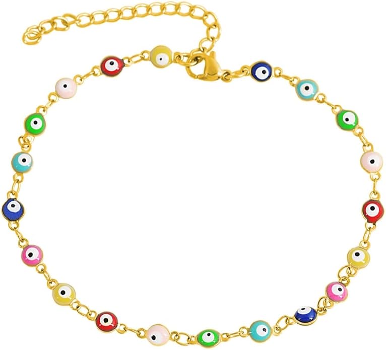 Multi-Colored Evil Eye Pendant Anklet, 9"+2" Extender