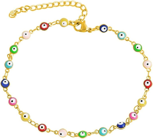 Multi-Colored Evil Eye Pendant Anklet, 9"+2" Extender