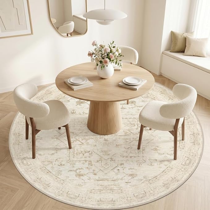 Round Area Rug for Living Room: 6ft Vintage Boho Neutral Washable Circle Rug Soft Large Circular Carpet for Bedroom Nursery Farmhouse Dining Room Office Floor Non-Slip Low Pile Under Table Beige/Brown