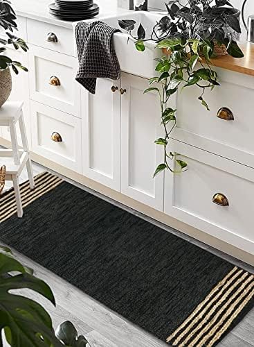 GRUHUM Jute Runner Rug 2'6"x4' ft Natural Fiber Leather Black Jute Area Rug Handwoven Boho Farmhouse Braided Rustic Vintage Ecofriendly Indoor Rugs for Kitchen Living Room Bedroom Hallways Entryways