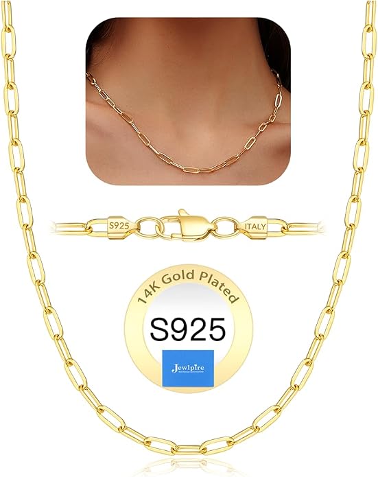 Jewlpire 925 Sterling Silver Plated Rope/Cuban/Paperclip/Herringbone Chain Necklaces for Women, 18K Gold Plated Chain Necklace,Hypoallergenic Women's Chain Necklaces 16+3 Inch