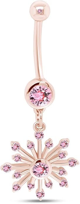 AFFY Snowflake Belly Button Ring for Women Simulated Birthstone, Round Cut Gemstone in 14K Gold Over 925 Sterling Silver, Navel Barbell Piercing Jewelry for Her