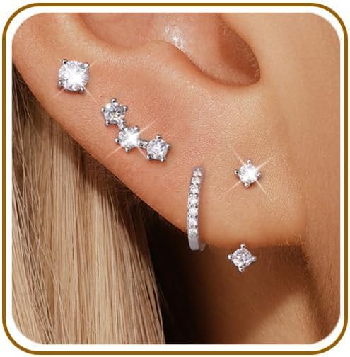 GEORGE · SMITH 4 Pairs Moissanite Earrings Set for Women 925 Sterling Silver Hypoallergenic Stud and Huggie Hoop Earrings Dainty Ear Stack Cartilage Earrings for Multiple Piercings Gift