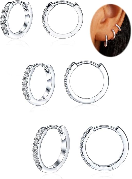 3 Pairs Small Huggie Hoop Moissanite Earrings for Women Men, Hypoallergenic 925 Sterling Silver Cartilage Earrings, Gifts Jewelry Set