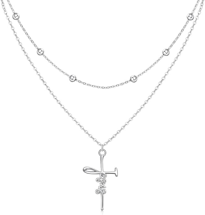 Layered Necklaces for Women S925 Sterling Silver 14k Gold Plated Cross Jesus Tulip Birth Month Flower Necklace Pendant Jewelry Mothers Day Birthday Gifts