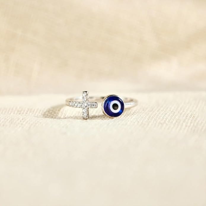 Adjustable Evil Eye Ring Silver Dainty Open Adjustable Rings Cross Evil Eye Jewelry for Women Energy Protection Ring