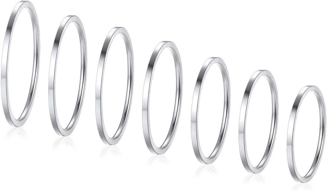FOCALOOK 28 PCS Knuckle Ring Set 1MM Stainless Steel Women's Thin Plain Band Stacking Midi Finger Rings Set Comfort Fit Silver/Black/Gold/Rose Tone Size 4-10
