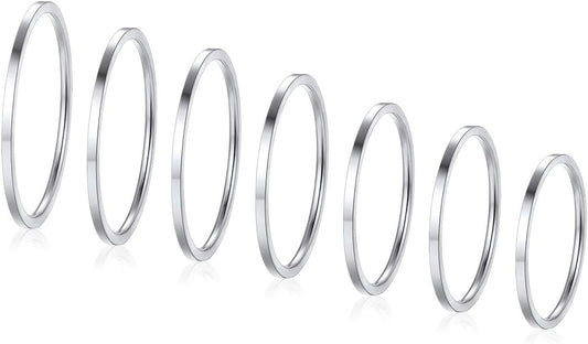 FOCALOOK 28 PCS Knuckle Ring Set 1MM Stainless Steel Women's Thin Plain Band Stacking Midi Finger Rings Set Comfort Fit Silver/Black/Gold/Rose Tone Size 4-10