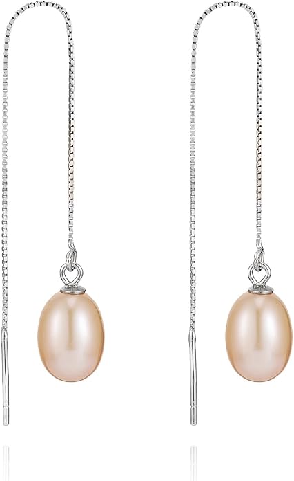 JaruJaru Vermeil Chain Freshwater Pearl Earrings for Women, Gold Threader Earrings, Gold plated on S925 Sterling Silver, Hypoallergenic Thread Through Dangle Earrings