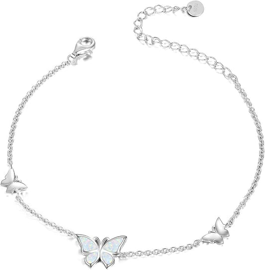 WINNICACA Sterling Silver Butterfly Bracelet Anklet Created Opal Butterfly Jewelry Gifts for Women Birthday Christmas Day Gifts