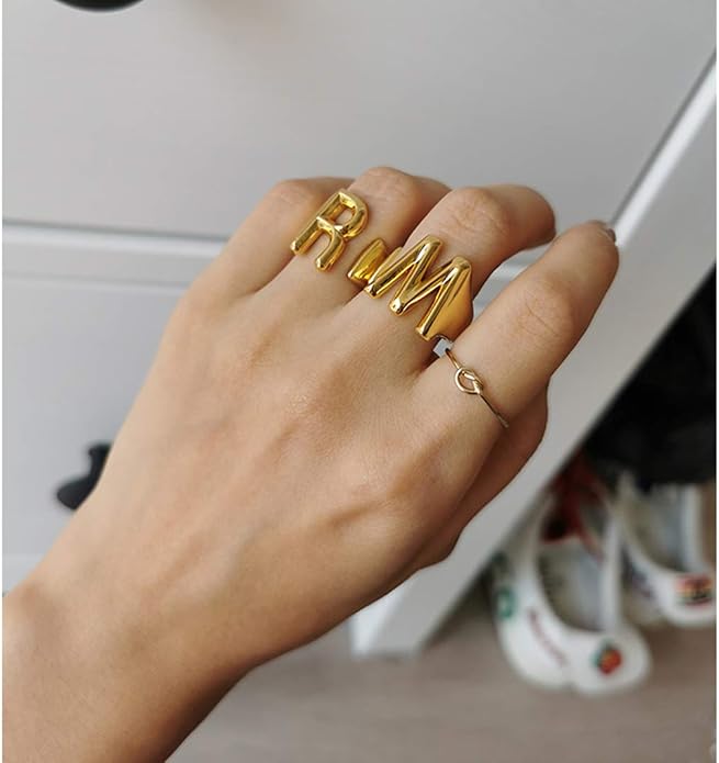 KeyStyle Bold Initial Letter Rings Adjustable, GoldChic Jewelry Women Gold Statement Ring Personalized Engraved Women’s Open Signet Ring for Party (Gold, White Gold, Black)