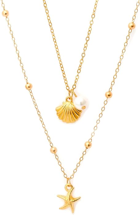 14K Gold Plated Paper Clip Chain Link Necklace Satellite Cross Key Starfish Turquoise Heart Necklace for Women