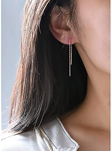 3 Pairs Threader Earrings 925 Sterling Silver Long Chain Earrings Bar/Ball Wrap Threader Drop Earrings for Women Lightweight Minimalist Mother's Day Jewelry Set