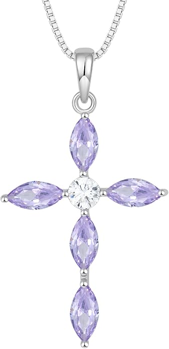 JO WISDOM Cross Necklace for Women,925 Sterling Silver Birthstone Necklaces Cubic Zirconia Cross Pendant Necklace Dainty Jewelry Gifts