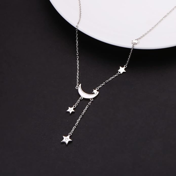 Ladytree 925 Sterling Silver Jewelry Crescent Moon and Star Pendant Necklace