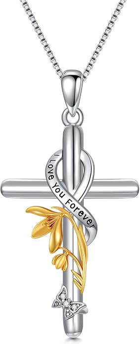 Cross Necklace for Women 925 Sterling Silver I Love You Necklace Religious Jewelry with Gift Box for Mother Daughter