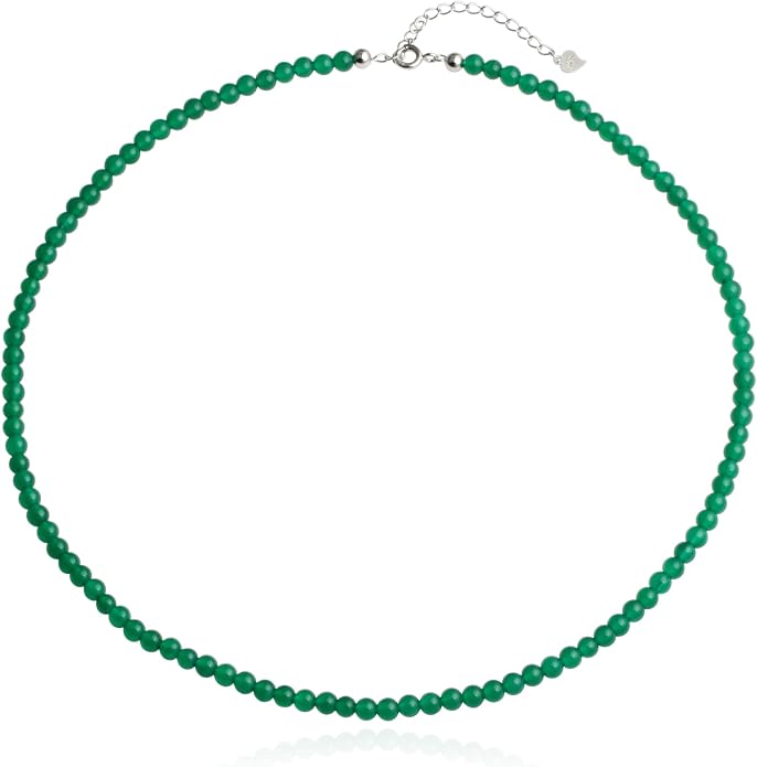 Kakikaki Natural Agate Choker Necklace Sterling Silver Round Beads Strand Necklace for Women