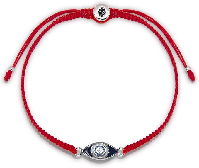 Karma and Luck - Men's 925 Sterling Silver Evil Eye Charm Red String Adjustable Bracelet & Women's 925 Sterling Silver Evil Eye Embedded Diamond Chip Charm Red String Adjustable Bracelet for him & her