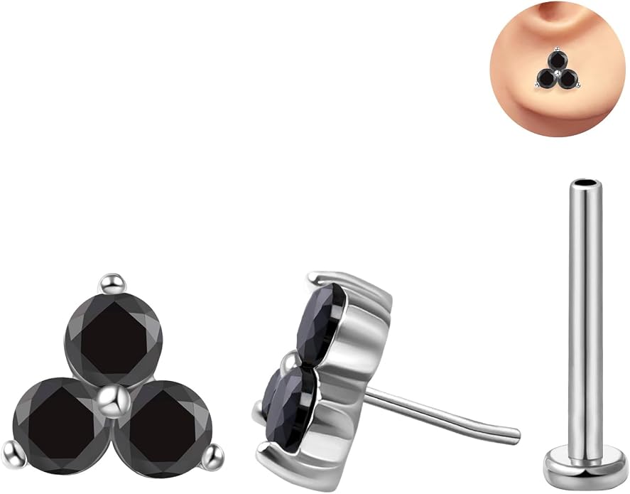 FANSING Cartilage Earring Tragus Stud Trio CZ Stone Flat Back Earring for Helix Conch Threadless Push Pin Labret Stud