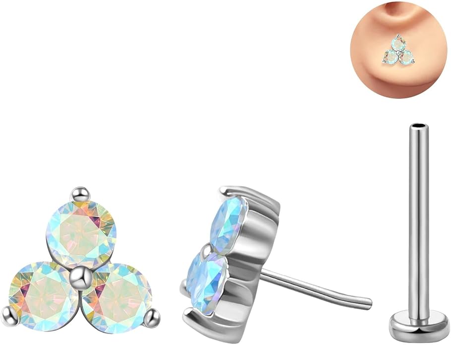 FANSING Cartilage Earring Tragus Stud Trio CZ Stone Flat Back Earring for Helix Conch Threadless Push Pin Labret Stud