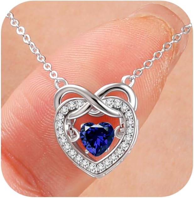 Trendy Dainty Infinity Birthstone Necklace, Dancing Heart 18K White Gold Plated 925 Sterling Silver Heart Necklace, Romantic Love Jewelry Graduation Gifts for Women Her