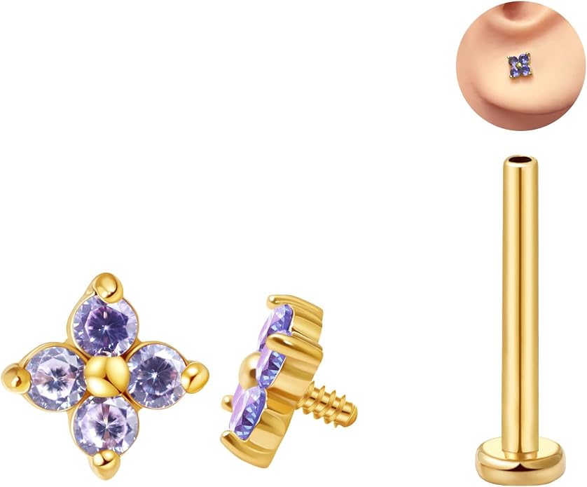 FANSING CZ Flower Internally Threaded Flat Back Earring Labret Stud for Cartilage Tragus Helix Conch