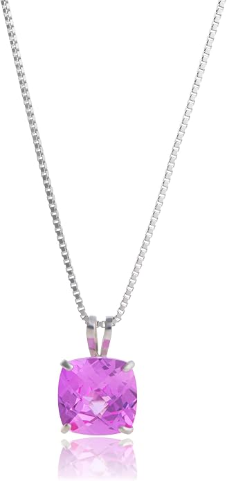MAX + STONE Cushion Cut Gemstone Necklace | 8mm Solitaire Birthstone Necklace for Women | Gemstone Pendant Necklaces with 18 inch Box Chain