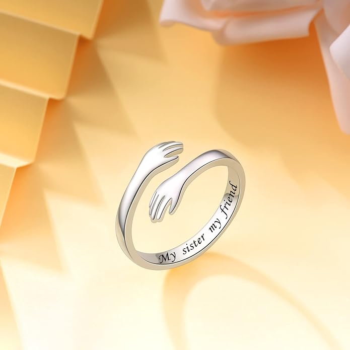 S925 Sterling Silver Hug Rings for Women Teen Girls Adjustable Ring for Granddaughter Daughter Hope Promise Friendship Hand Ring Jewelry for Birthday Graduation Christmas Mothers Day Valentines Gifts