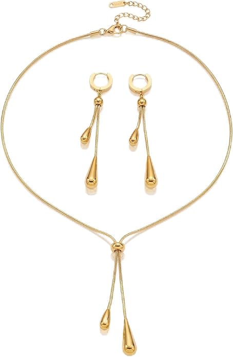 18k Gold Long Necklace for Women Dainty Snake Chain Bolo Adjustable Minimalist Round Bead Jewelry Trendy Simple Aesthetic Gifts for Her