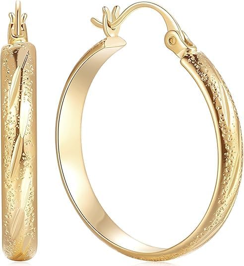 Gold Earrings 14k Gold Hoop Earrings for Women Chunky Hoop Earring with a Engraved Design Women’s Earring