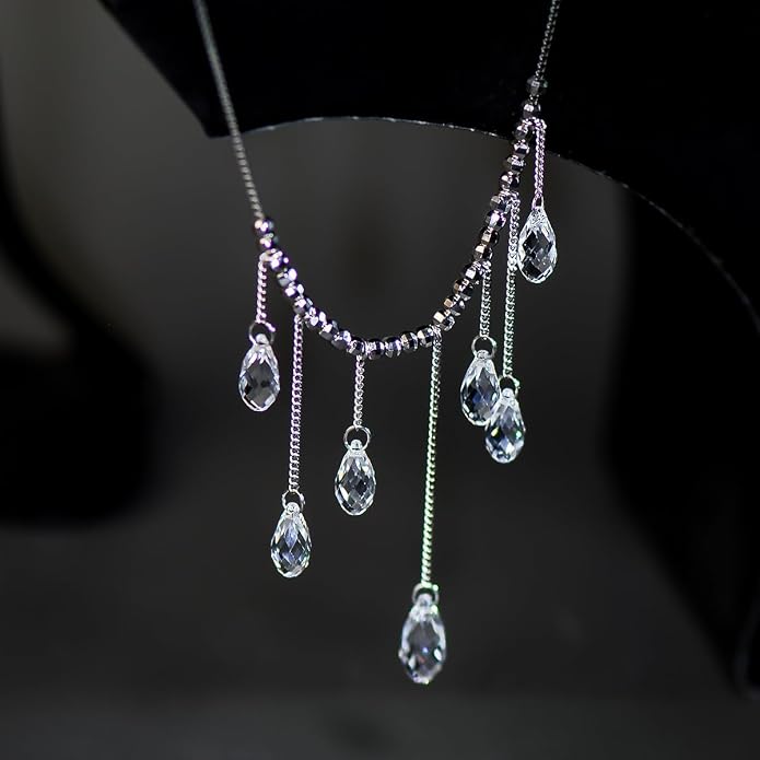 925 Sterling Silver Handmade Crystals Rain Drop Tassel layered Pendant Boho necklace statement Chandelier shape Lobster Clasp Length Choker 18"+2" Ideal Gift for Women Ladies Dress accessories.
