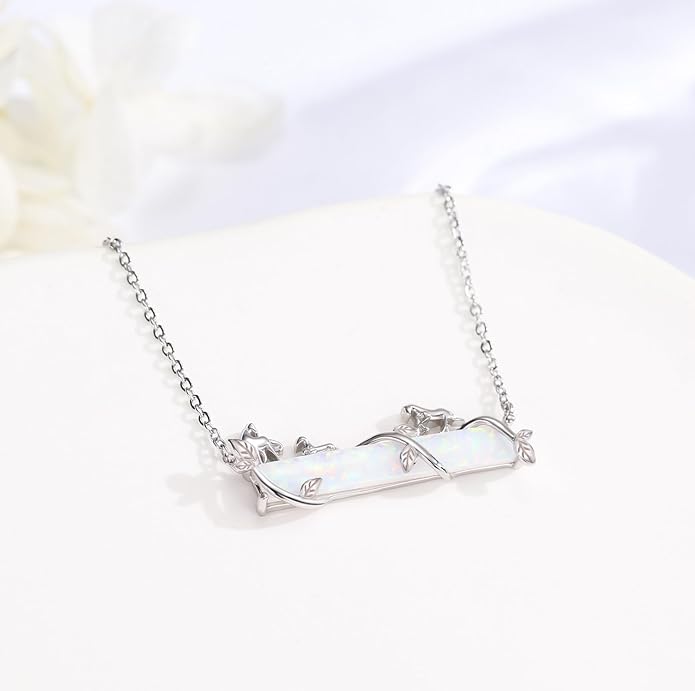 Bar Opal Leaf Necklace For Women S925 Sterling Silver White Opal Pendant with Leaf Charm Bar Pendant Jewelry Gift For Mom Daughter Wife