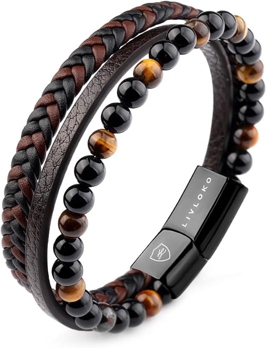 LONDON Mens Bracelet Leather Black Multi-Layer Stone Beads Adjustable Steel Clasp Viking Rope Bands Surfer Man Wristband Male UK Jewellery Gift box Boyfriend Dad Son Brother Tiger Eye