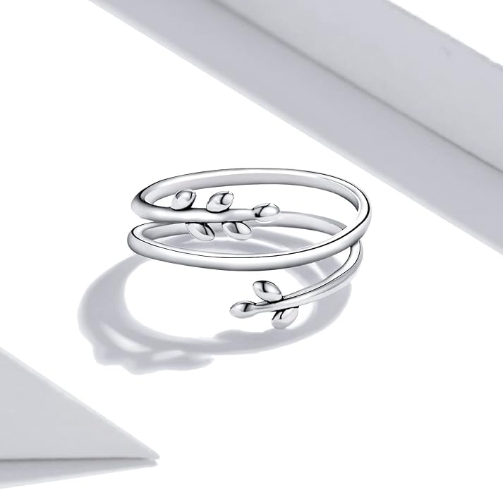 MUNDELL 925 Sterling Silver Simple Multi-layer Leaf Adjustable Ring Green Lucky Leaves Statement Ring for Women Promise Ring Fine Jewelry