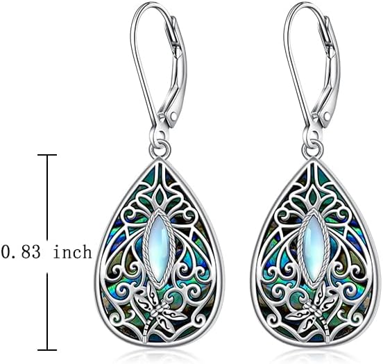Moonstone Dragonfly Filigree Earrings for Women Sterling Silver Abalone Dragonfly Earrings Teardrop Leverback Dangle Drop Jewelry Gifts