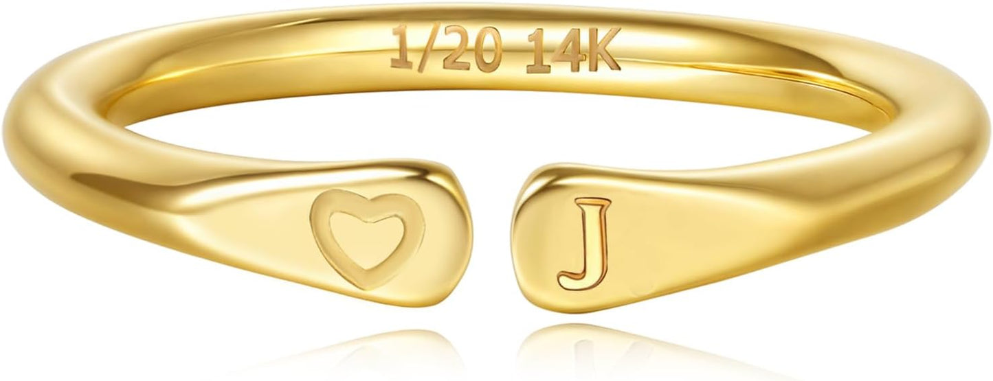 14k Gold Filled Hand Carving Initial Rings for Women Non Tarnish Wedding Heart Shaped Bands for Women