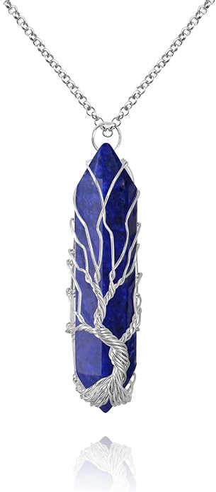 VIBILIA Healing Crystal Necklace Tree of Life Wire Wrapped Natural Stone Point Pendant Necklace Hexagonal Reiki Spiritual Quartz Gemstone Jewelry for Women Men