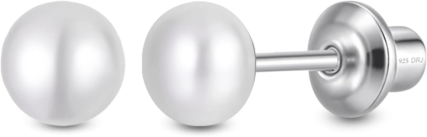 Pearl Screw Back Stud Earrings for Baby, Toddler, Girls | Hypoallergenic 925 Sterling Silver Screwback Safety Earrings | Simulated Pearl Studs for Sensitive Ears | Keepsake Gift for Birthdays Holidays Special Occasions