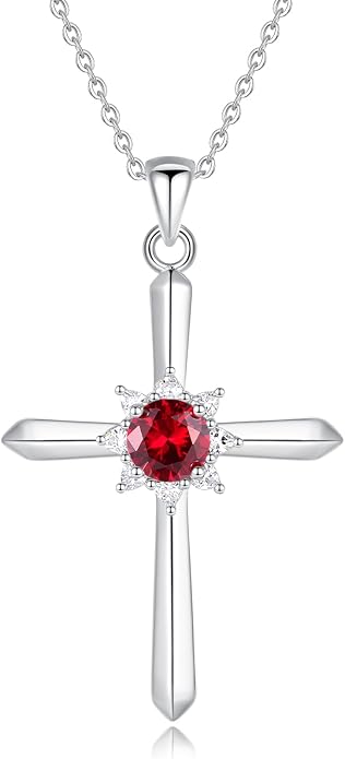 FANCIME Birthstone Cross Necklace for Women Sterling Silver Birthstone Necklace Halo Infinity Cross Pendant Necklace Fine Jewelry Valentines Day Gifts Birthday Holiday Gifts for Her, 16"+2" Inches