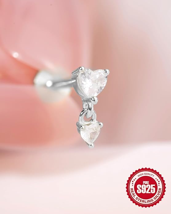 1PC Sterling Silver 925 Flat Back Helix Piercing Jewelry Cartilage Earring for Women 16G Heart CZ Dangle Internally Threaded Tragus Conch Stud Daith Screw Gift