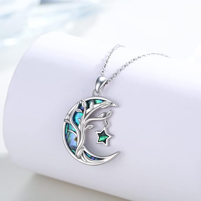 Christmas Gifts Tree of Life/Celtic/Moon Necklace 925 Sterling Silver Moon Pendant Abalone/Opal jewelry for Women Sister Christmas Gifts