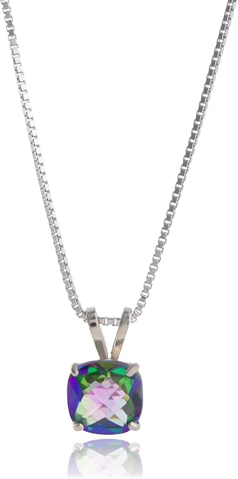 MAX + STONE 925 Sterling Silver Cushion Cut Birthstone Necklace for Women | 6mm Hypoallergenic Solitaire Necklace | Gemstone Pendant Necklaces with 18 inch Box Chain