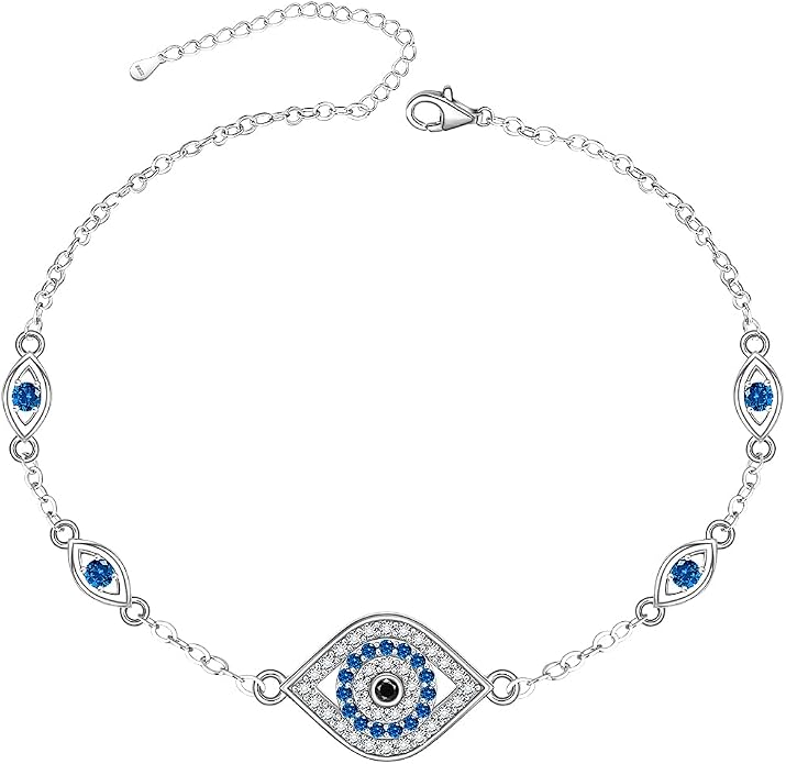 Blue Evil Eyes Link Bracelet, Evil Eye Earrings, S925 Sterling Silver Dainty Cubic Zirconia Adjustable Link Lobster Claw Clasp Chain Jewelry