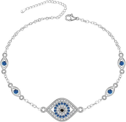 Blue Evil Eyes Link Bracelet, Evil Eye Earrings, S925 Sterling Silver Dainty Cubic Zirconia Adjustable Link Lobster Claw Clasp Chain Jewelry